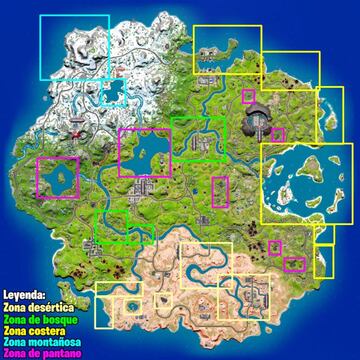 Mapa con la mayoría de zonas distintas de pesca de la Temporada 2 de Fortnite Capítulo 3
