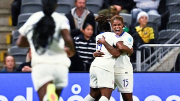 Soccer Football - UEFA Women's Nations League - Third Place - Second Leg - Sweden v France - 3Arena, Stockholm, Sweden - December 2, 2025 France's Kelly Gago celebrates scoring their second goal with Sandy Baltimore Jonas Ekstromer/TT News Agency via REUTERS ATTENTION EDITORS - THIS IMAGE WAS PROVIDED BY A THIRD PARTY. SWEDEN OUT. NO COMMERCIAL OR EDITORIAL SALES IN SWEDEN.