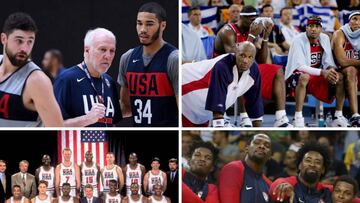 Arriba a la izquierda Popovich durante este año, EE.UU en 2004 a su derecha, abajo a la izquierda el Dream Team Original, y a su derecha Butler, Durant, Jordan y Lowry durante un torneo