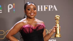 Quinta Brunson poses with her award for best actress in a  musical or comedy TV series for "Abbott Elementary" at the 80th Annual Golden Globe Awards in Beverly Hills, California, U.S., January 10, 2023. REUTERS/Mario Anzuoni
