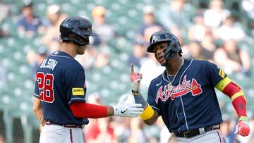 DETROIT, MI - JUNE 14: Ronald Acuna Jr. #13 of the Atlanta Braves celebrates with Matt Olson #28 after hitting a solo home run against the Detroit Tigers during the third inning of game two of a doubleheader at Comerica Park on June 14, 2023 in Detroit, Michigan.   Duane Burleson/Getty Images/AFP (Photo by Duane Burleson / GETTY IMAGES NORTH AMERICA / Getty Images via AFP)