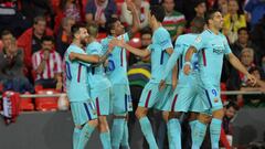 Soccer Football - La Liga Santander - Athletic Bilbao vs Barcelona - San Mames, Bilbao, Spain - October 28, 2017   Barcelona&#039;s Paulinho celebrates scoring their second goal with Lionel Messi and team mates   REUTERS/Vincent West