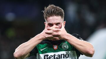 Lisboa (Portugal), 05/11/2024.- Sporting CP player Vyktor Gyokeres celebrates scoring the 1-1 goal during the UEFA Champions League soccer match between Sporting CP and Manchester City in Lisbon, Portugal, 05 November 2024. (Liga de Campeones, Lisboa) EFE/EPA/RODRIGO ANTUNES