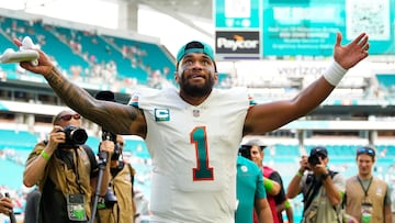 MIAMI GARDENS, FLORIDA - OCTOBER 29: Tua Tagovailoa #1 of the Miami Dolphins reacts after his team's 31-17 win against the New England Patriots at Hard Rock Stadium on October 29, 2023 in Miami Gardens, Florida.   Rich Storry/Getty Images/AFP (Photo by Rich Storry / GETTY IMAGES NORTH AMERICA / Getty Images via AFP)