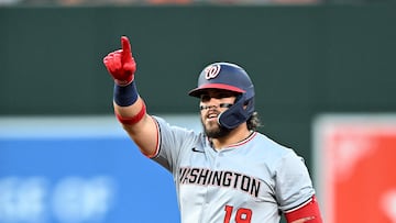 BALTIMORE, MARYLAND - AUGUST 13: Andres Chaparro #19 of the Washington Nationals celebrates after hitting a double in the fourth inning of his major league debut against the Baltimore Orioles at Oriole Park at Camden Yards on August 13, 2024 in Baltimore, Maryland. Greg Fiume/Getty Images/AFP (Photo by Greg Fiume / GETTY IMAGES NORTH AMERICA / Getty Images via AFP)