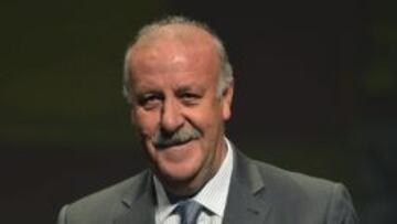 El seleccionador nacional Vicente del Bosque tras recoger en nombre del combinado nacional, la medalla de oro de Jaén y el título de hija adoptiva de la ciudad, en un acto celebrado hoy en el Teatro Infanta Leonor de Jaén.