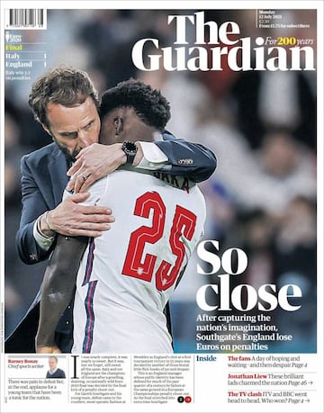 El abrazo entre Southgate y Saka, protagonista de las portadas británicas