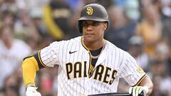 SAN DIEGO, CA - AUGUST 3: Juan Soto #22 of the San Diego Padres walks in the first inning against the Colorado Rockies August 3, 2022 at Petco Park in San Diego, California. Soto and Josh Bell were acquired by Padres from the Washington Nationals in a deal announced yesterday that sends a slew of prospects and veteran Luke Voit to the Nationals.   Denis Poroy/Getty Images/AFP
== FOR NEWSPAPERS, INTERNET, TELCOS & TELEVISION USE ONLY ==