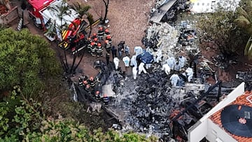 A drone view shows people working at the site of a plane crash in Vinhedo, Sao Paulo, Brazil, August 10, 2024. REUTERS/Carla Carniel