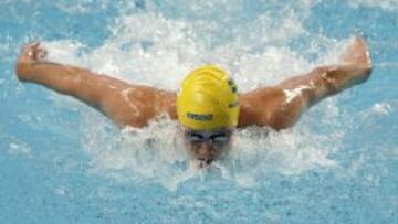 La nadadora sueca Sarah Sjostrom durante la semifinal de los 100 m mariposa femeninos de los Mundiales de nataci&oacute;n que se celebran en Kazan (Rusia), en la que ha batido el r&eacute;cord del mundo. 