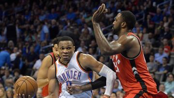 Nov 9, 2016; Oklahoma City, OK, USA; Oklahoma City Thunder guard Russell Westbrook (0) drives to the basket in front of Toronto Raptors forward Patrick Patterson (54) during the fourth quarter at Chesapeake Energy Arena. Mandatory Credit: Mark D. Smith-USA TODAY Sports