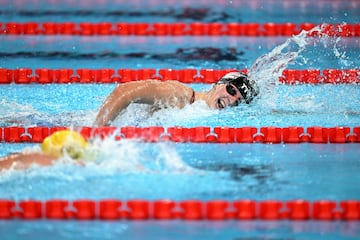 US' Katie Ledecky competes in the final of the women's 800m freestyle swimming event during the Paris 2024 Olympic Games at the Paris La Defense Arena in Nanterre, west of Paris, on August 3, 2024. (Photo by Jonathan NACKSTRAND / AFP)