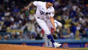 Apr 16, 2022; Los Angeles, California, USA; Los Angeles Dodgers starting pitcher Julio Urias (7) throws against the Cincinnati Reds during the fourth inning at Dodger Stadium. Mandatory Credit: Gary A. Vasquez-USA TODAY Sports