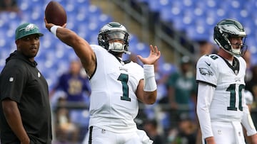 Aug 12, 2023; Baltimore, Maryland, USA;  Philadelphia Eagles quarterback Jalen Hurts (1) warms up before the game against the Baltimore Ravens at M&T Bank Stadium. Mandatory Credit: Tommy Gilligan-USA TODAY Sports