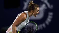 DUBAI, UNITED ARAB EMIRATES - FEBRUARY 20: Simona Halep of Romania reacts during Day Four of the Dubai Duty Free Tennis at Dubai Duty Free Tennis Stadium on February 20, 2020 in Dubai, United Arab Emirates. (Photo by Francois Nel/Getty Images)