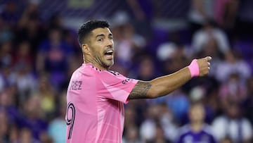 ORLANDO, FLORIDA - AUGUST 10: Luis Su�rez #9 of Inter Miami CF reacts during the MLS match between Orlando City and Inter Miami CF at Inter&Co Stadium on August 10, 2025 in Orlando, Florida. Alex Menendez/Getty Images/AFP (Photo by Alex Menendez / GETTY IMAGES NORTH AMERICA / Getty Images via AFP)
