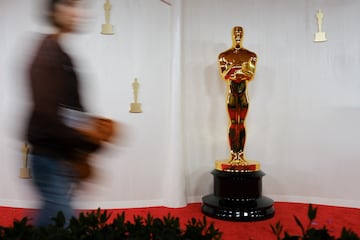 An Oscar statue is seen as preparations continue for the 96th Academy Awards in Los Angeles, California