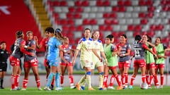 Aurelie Kaci and Katty Martinez of America  during the 2st round match between Necaxa and America as part of the Torneo Clausura 2024 Liga MX Femenil at Victoria Stadium on January 11, 2024 in Aguascalientes, Aguascalientes, Mexico.