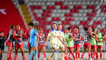 Aurelie Kaci and Katty Martinez of America  during the 2st round match between Necaxa and America as part of the Torneo Clausura 2024 Liga MX Femenil at Victoria Stadium on January 11, 2024 in Aguascalientes, Aguascalientes, Mexico.