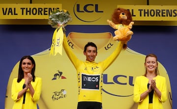 El ciclista colombiano celebra su liderazgo con el maillot amarillo.