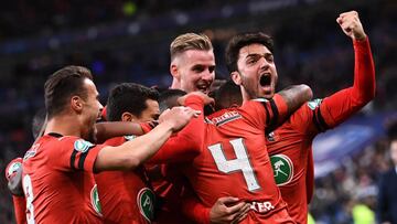 Rennes&#039; Mozambican defender Mexer (C) celebrates after scoring a goal during the French Cup final football match between Rennes (SRFC) and Paris Saint-Germain (PSG), on April 27, 2019 at the Stade de France in Saint-Denis, outside Paris. (Photo by An