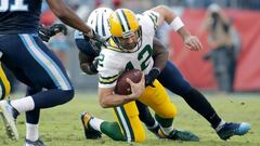 NASHVILLE, TN - NOVEMBER 13: Aaron Rodgers #12 of the Green Bay Packers is sacked by Brian Orakpo #98 of the Tennessee Titans during the game at Nissan Stadium on November 13, 2016 in Nashville, Tennessee.   Andy Lyons/Getty Images/AFP
 == FOR NEWSPAPERS, INTERNET, TELCOS &amp; TELEVISION USE ONLY ==