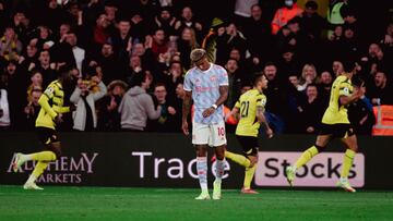 WATFORD, ENGLAND - NOVEMBER 20: Marcus Rashford of Manchester United reacts after Watford scored a goal to make the score 1-0 during the Premier League match between Watford and Manchester United at Vicarage Road on November 20, 2021 in Watford, England.