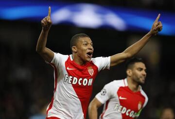 Monaco's Kylian Mbappe-Lottin celebrates scoring their second goal