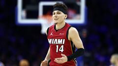 PHILADELPHIA, PENNSYLVANIA - APRIL 17: Tyler Herro #14 of the Miami Heat reacts after scoring during the second quarter against the Philadelphia 76ers of the Eastern Conference Play-In Tournament at the Wells Fargo Center on April 17, 2024 in Philadelphia, Pennsylvania. NOTE TO USER: User expressly acknowledges and agrees that, by downloading and or using this photograph, User is consenting to the terms and conditions of the Getty Images License Agreement.   Tim Nwachukwu/Getty Images/AFP (Photo by Tim Nwachukwu / GETTY IMAGES NORTH AMERICA / Getty Images via AFP)