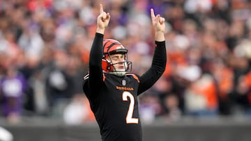 CINCINNATI, OHIO - DECEMBER 16: Evan McPherson #2 of the Cincinnati Bengals reacts after converting an extra point in the fourth quarter of the game against the Minnesota Vikings at Paycor Stadium on December 16, 2023 in Cincinnati, Ohio. Jeff Dean/Getty Images/AFP (Photo by Jeff Dean / GETTY IMAGES NORTH AMERICA / Getty Images via AFP)