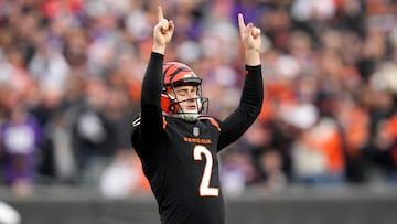 CINCINNATI, OHIO - DECEMBER 16: Evan McPherson #2 of the Cincinnati Bengals reacts after converting an extra point in the fourth quarter of the game against the Minnesota Vikings at Paycor Stadium on December 16, 2023 in Cincinnati, Ohio.   Jeff Dean/Getty Images/AFP (Photo by Jeff Dean / GETTY IMAGES NORTH AMERICA / Getty Images via AFP)