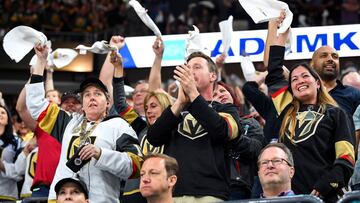 May 4, 2018; Las Vegas, NV, USA; Vegas Golden Knights fans cheer during the second period of game five of the second round of the 2018 Stanley Cup Playoffs between the Vegas Golden Knights and the San Jose Sharks at T-Mobile Arena. Mandatory Credit: Steph