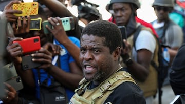 Former police officer Jimmy "Barbecue" Cherizier, leader of the 'G9' gang alliance, speaks during a press conference in Delmas 6, Port-au-Prince, Haiti March 5, 2024. REUTERS/Ralph Tedy Erol