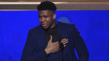 NBA player Giannis Antetokounmpo, of the Milwaukee Bucks, reacts as he accepts the most valuable player award at the NBA Awards on Monday, June 24, 2019, at the Barker Hangar in Santa Monica, Calif. (Photo by Richard Shotwell/Invision/AP)
