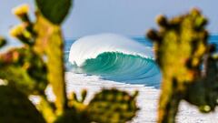 La ola de Puerto Escondido (playa de Zicatela, M&eacute;xico),  rompiendo a la perfecci&oacute;n entre dos cactus.