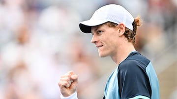 MONTREAL, CANADA - AUGUST 08: Jannik Sinner of Italy celebrates his 6-2, 6-4 victory against Borna Coric of Croatia in the Men's Singles second round match during Day Three of the ATP Masters 1000 National Bank Open at Stade IGA on August 8, 2024 in Montreal, Canada. Minas Panagiotakis/Getty Images/AFP (Photo by Minas Panagiotakis / GETTY IMAGES NORTH AMERICA / Getty Images via AFP)