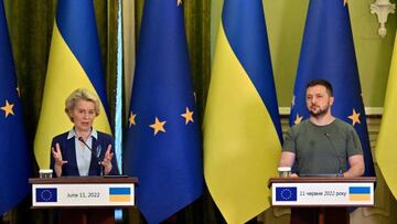 Ukrainian President Volodymyr Zelensky (R) and European Commission President Ursula von der Leyen make statements following their talks in Kyiv on June 11, 2022. - EU chief Ursula von der Leyen visited Ukraine on June 11, 2022 to discuss the country's hopes of joining the bloc, as President Volodymyr Zelensky warned the world not to look away from the conflict devastating his country. (Photo by Sergei SUPINSKY / AFP) (Photo by SERGEI SUPINSKY/AFP via Getty Images)