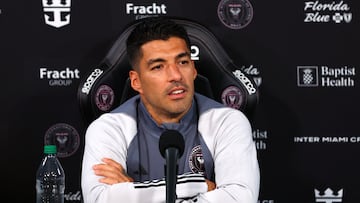 FORT LAUDERDALE, FLORIDA - JANUARY 13: Luis Suarez #9 of Inter Miami CF speaks to the media during an introductory press conference at Florida Blue Training Center on January 13, 2024 in Fort Lauderdale, Florida.   Megan Briggs/Getty Images/AFP (Photo by Megan Briggs / GETTY IMAGES NORTH AMERICA / Getty Images via AFP)