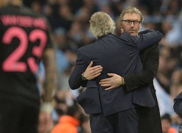 Laurent Blanc congratulates Manuel Pellegrini at the final whistle