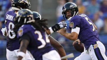 BALTIMORE, MD - AUGUST 09: Quarterback Joe Flacco #5 of the Baltimore Ravens rushes against the Los Angeles Rams in the first half during a preseason game at M&amp;T Bank Stadium on August 9, 2018 in Baltimore, Maryland.   Patrick Smith/Getty Images/AFP
 == FOR NEWSPAPERS, INTERNET, TELCOS &amp; TELEVISION USE ONLY ==