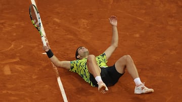 Spain's Carlos Alcaraz celebrates after winning the 2023 ATP Tour Madrid Open tennis tournament singles final match against Germany's Jan-Lennard Struff at Caja Magica in Madrid on May 7, 2023.