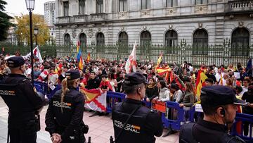 Cientos de personas durante una manifestación contra la amnistía, frente a la sede del PSOE, a 12 de noviembre de 2023, en Oviedo, Asturias (España). Convocada por Vox, se ha celebrado una concentración en Oviedo tras el pacto entre el PSOE y Junts que ha tenido lugar en Bruselas para investir al presidente del Gobierno en funciones y candidato socialista a la reelección, Pedro Sánchez. El pacto incluye una posible ley de amnistía.
12 NOVIEMBRE 2023;MANIFESTACIÓN;CONCENTRACIÓN;PROTESTA;VOX;AMNISTÍA;
Xuan Cueto / Europa Press
12/11/2023