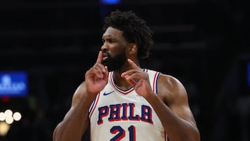 May 2, 2026; Boston, Massachusetts, USA; Philadelphia 76ers center Joel Embiid (21) silences the crowd after making a shot against the Boston Celtics during the second quarter of game seven of the first round of the 2026 NBA Playoffs at TD Garden. Mandatory Credit: Winslow Townson-Imagn Images