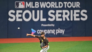 San Diego Padres' pitcher Yu Darvish attends a practice session at Gocheok Sky Dome in Seoul on March 19, 2024, ahead of the 2024 MLB Seoul Series baseball game between Los Angeles Dodgers and San Diego Padres. (Photo by Jung Yeon-je / AFP)