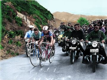 Poulidor tuvo en Anquetil a su gran rival generacional. Anquetil, dos a?os mayor que Poulidor, gan車 un Tour con 23 a?os y encontr車 en Poulidor a un m芍s que digno rival. Su rivalidad marc車 una 谷poca en la que Anquetil fue el claro vencedor. En la imagen pugnan subiendo el Puy de Dome.