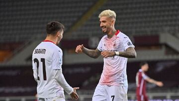TURIN, ITALY - MAY 12: (L-R) Brahim Diaz of AC Milan and Samu Castillejo of AC Milan celebrates a third goal during the Serie A match between Torino FC and AC Milan at Stadio Olimpico di Torino on May 12, 2021 in Turin, Italy. Sporting stadiums around Ita