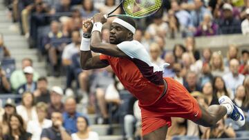 Frances Tiafoe of USA returns ball during quarterfinal of US Open Championships against Andrey Rublev at USTA Billie Jean King National Tennis Center in New York on. September 7, 2022. Tiafoe won in straight sets and moved for the first time in his career to the semifinal. It is also the first time since 2006 an American tennis player reached semifinal at US Open as Andy Roddick did. (Photo by Lev Radin/Anadolu Agency via Getty Images)