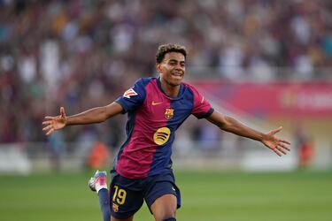 Lamine Yamal celebró su tanto al minuto 24 con el que el Barcelona se puso en ventaja.
EFE/Alejandro García