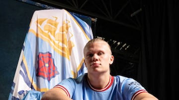 MANCHESTER, ENGLAND: In this photo released on June 13, 2022 Manchester City unveil new signing Erling Haaland at Manchester City Football Academy in Manchester, England. (Photo by Tom Flathers/Manchester City FC via Getty Images)