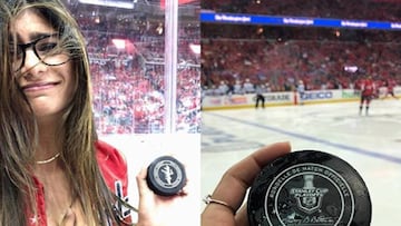 La exactriz de cine X y comentarista deportiva Mia Khalifa tras ser golpeada en el pecho por un disco de hockey durante un partido de los playoffs de la NHL 2018 entre los Washington Capitals y los Tampa Bay.